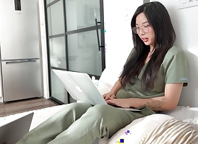 Cute Asian Analeptic Student in Glasses and Natural Pussy Fucks Her Bus and gets Creampied