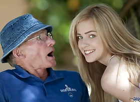 Beautiful teen sucks grandpa outdoors with an increment of she swallows moneyed all