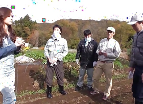 Cute Japanese girl delights four Japanese men in the field