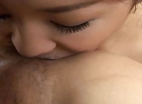 Slutty oriental bitch engulfing and licking his chocolate hole